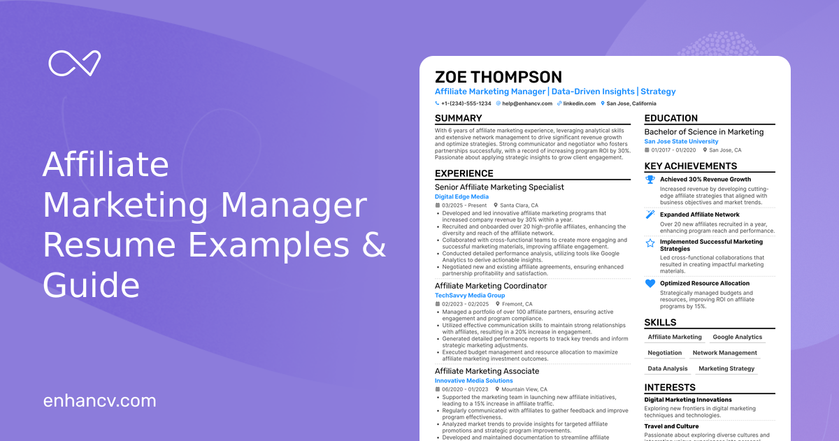10 Affiliate Marketing Manager Resume Examples & Guide for 2026
