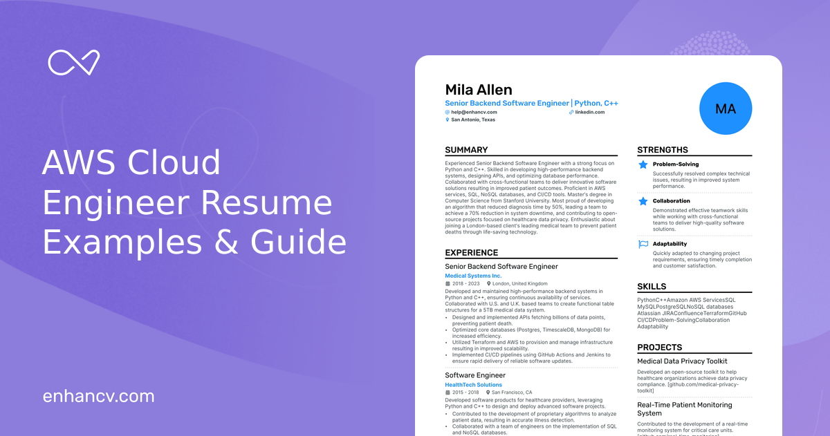 10 AWS Cloud Engineer Resume Examples & Guide for 2024