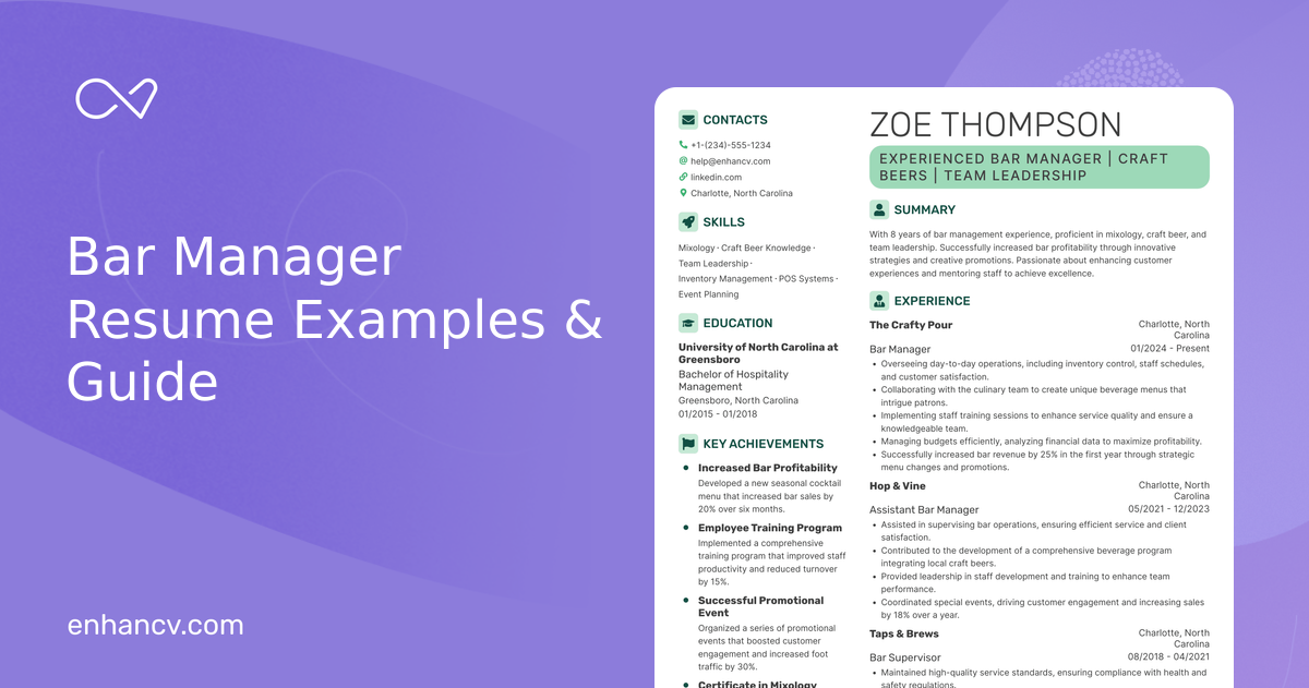 10 Bar Manager Resume Examples - March 2026