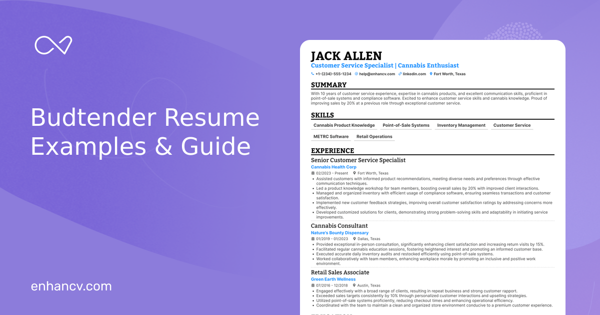 15 Budtender Resume Examples & Guide for 2026