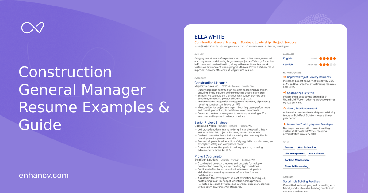 10 Construction General Manager Resume Examples & Guide for 2026