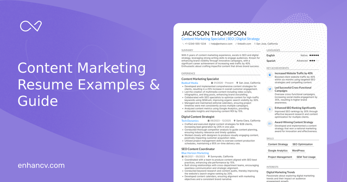 20 Content Marketing Resume Examples & Guide for 2026