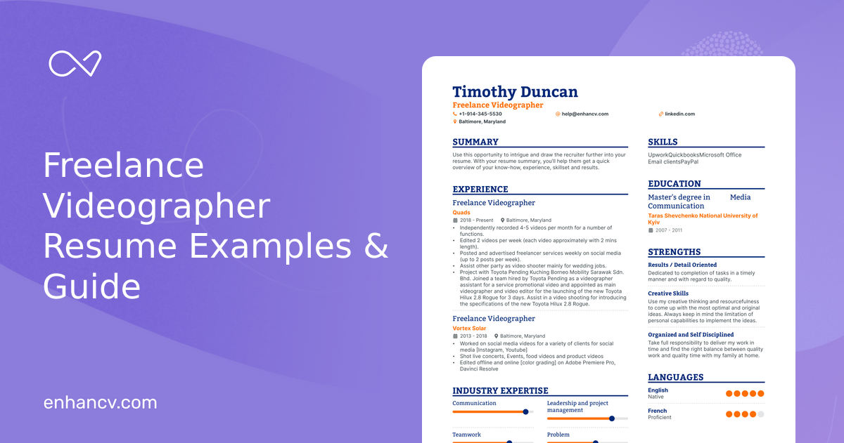 5 Freelance Videographer Resume Examples & Guide for 2024