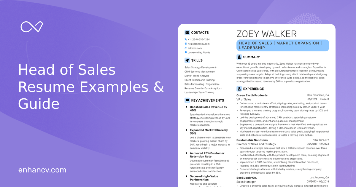 10 Head of Sales Resume Examples & Guide for 2026