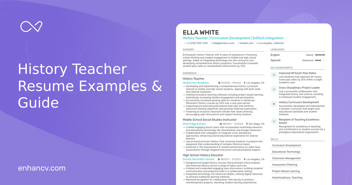 Sample History Ed 10 History Teacher Resume Examples & Guide for 2026