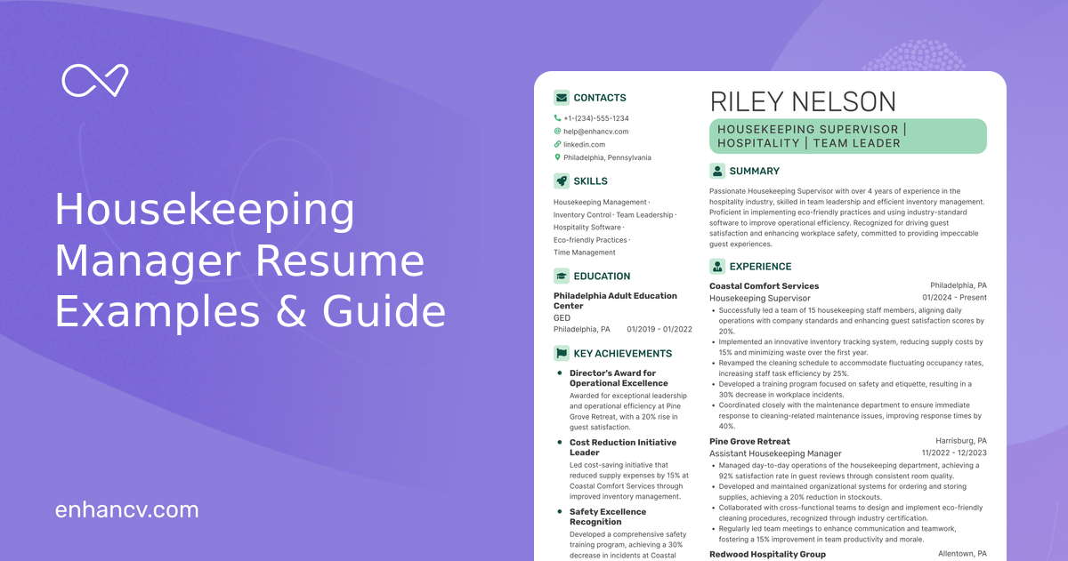 10 Housekeeping Manager Resume Examples & Guide for 2026