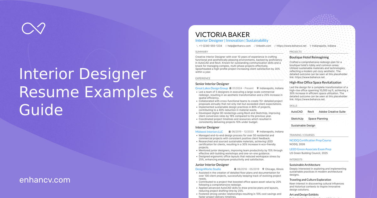 25 Interior Designer Resume Examples & Guide for 2026