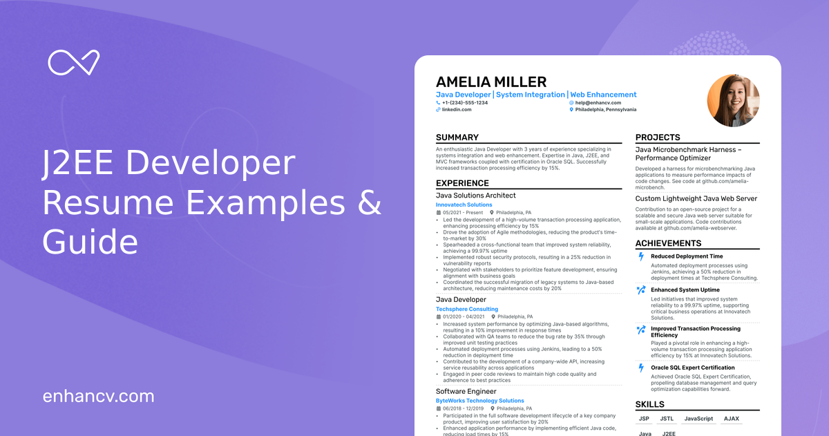 10 J2EE Developer Resume Examples & Guide for 2024