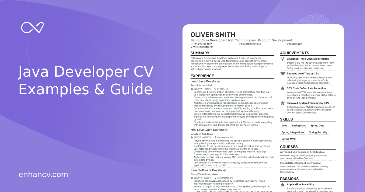 Java Developer CV Examples & Guide for 2025