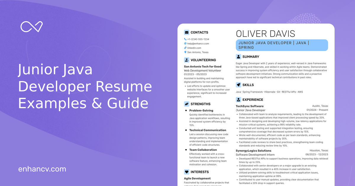5 Junior Java Developer Resume Examples & Guide for 2026