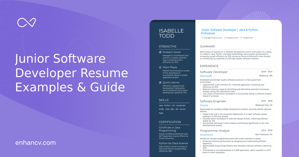 5 Junior Software Developer Resume Examples & Guide for 2024
