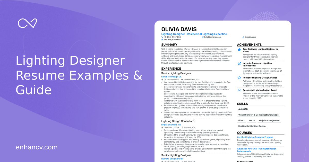 10 Lighting Designer Resume Examples & Guide for 2024