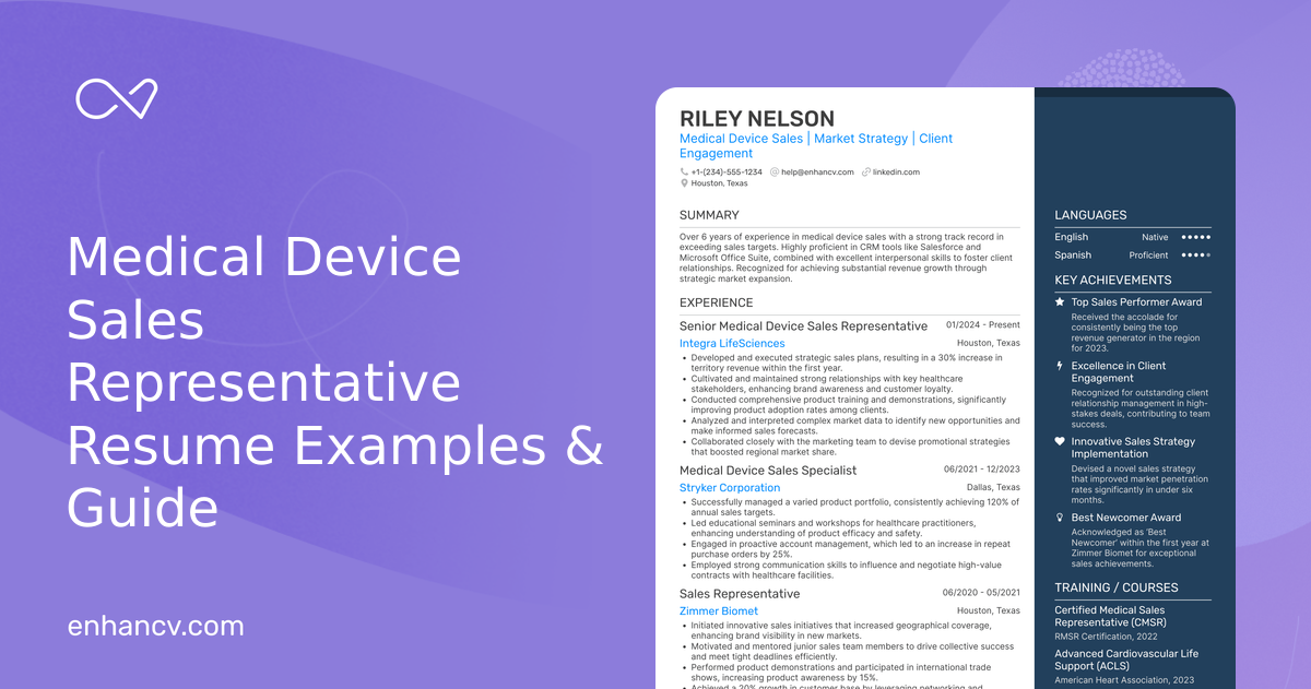 10 Medical Device Sales Representative Resume Examples & Guide for 2026