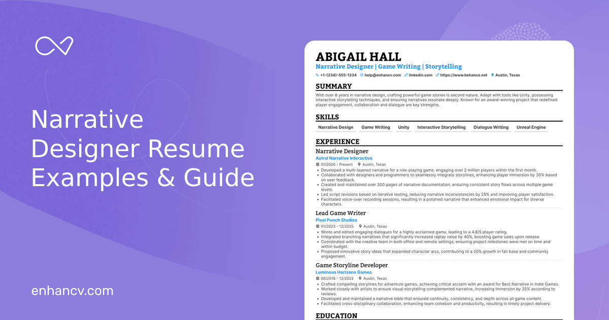 10 Narrative Designer Resume Examples, Templates & Guide for 2026