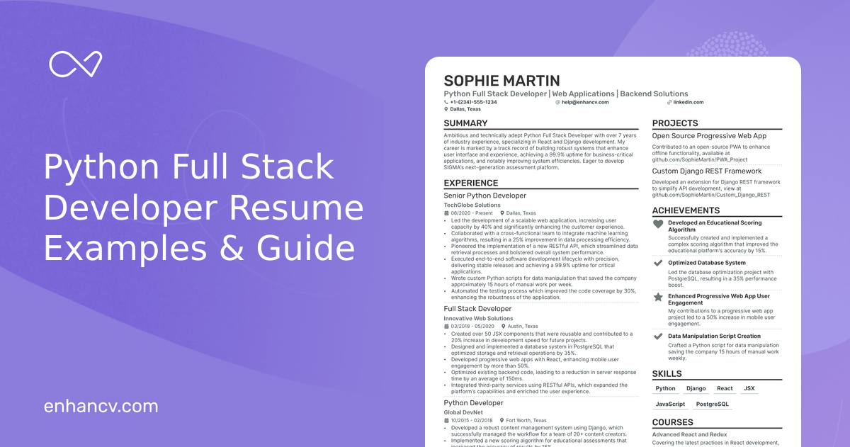 10 Python Full Stack Developer Resume Examples & Guide for 2024