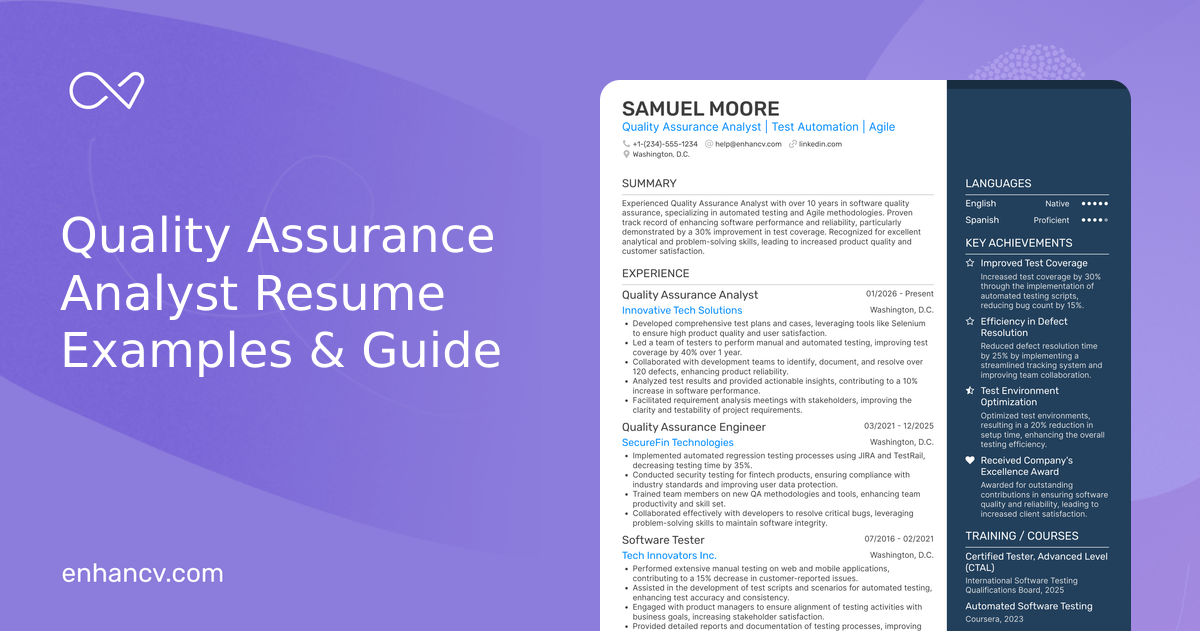 10 Quality Assurance Analyst Resume Examples & Guide for 2026