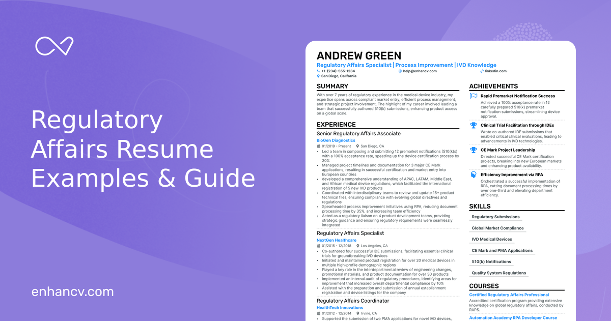 10 Regulatory Affairs Resume Examples & Guide for 2026