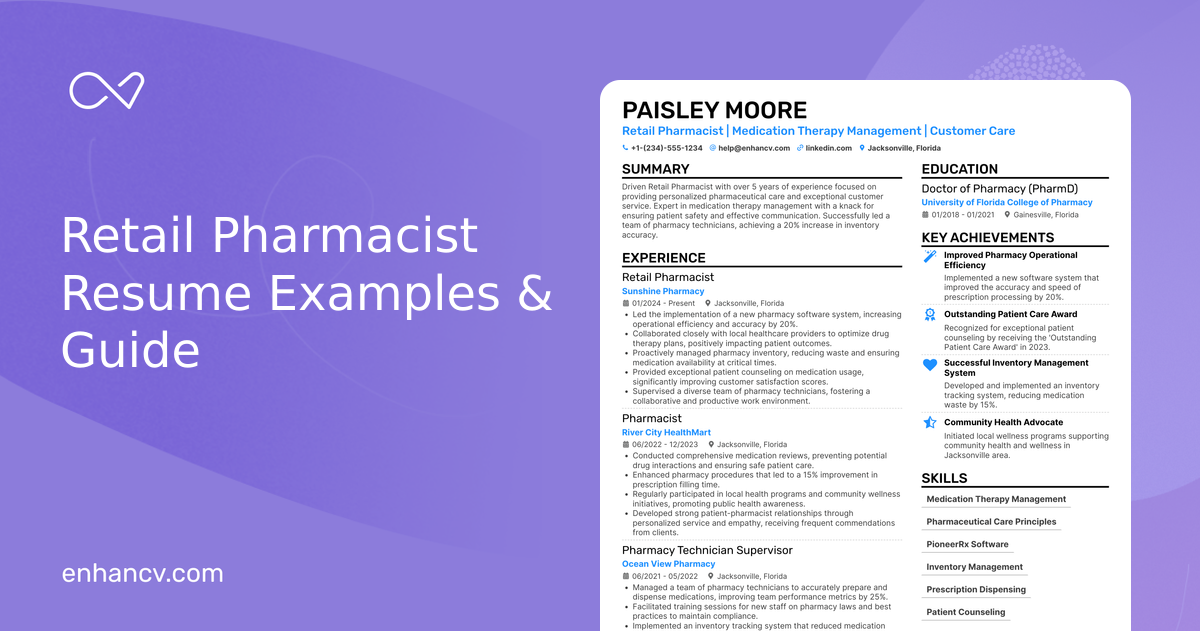 17 Retail Pharmacist Resume Examples & Guide for 2026