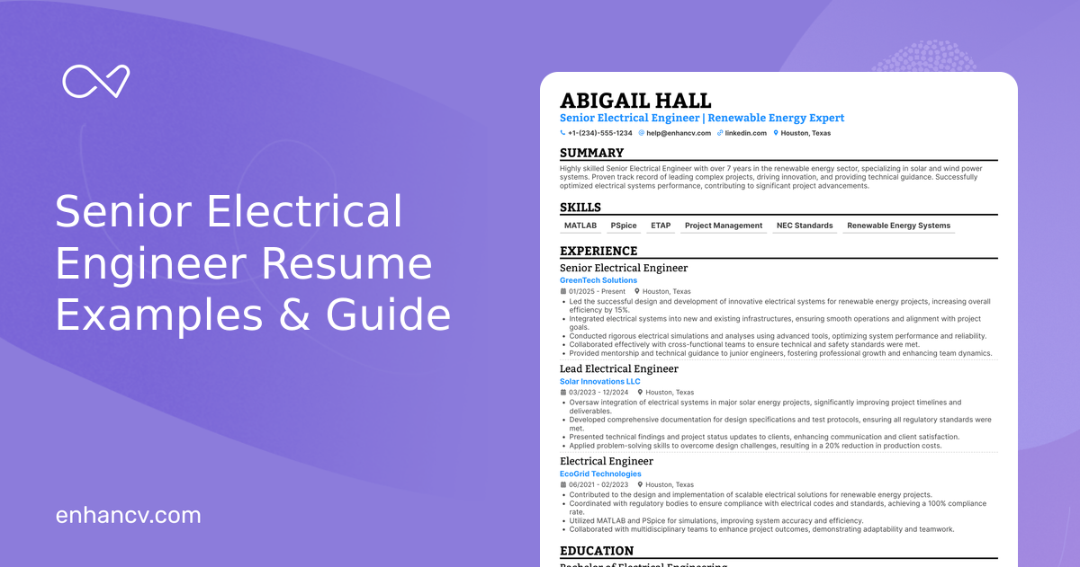 10 Senior Electrical Engineer Resume Examples & Guide for 2026