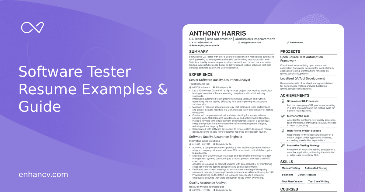 6 Software Tester Resume Examples, Templates & Guide for 2026
