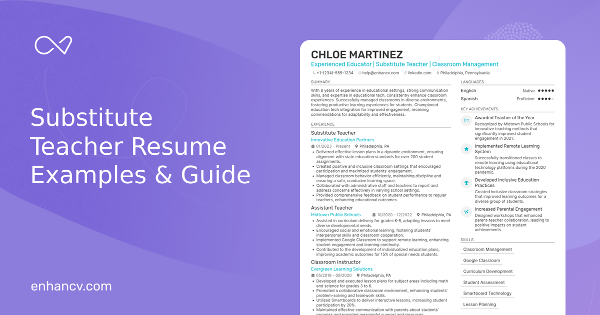 20 Substitute Teacher Resume Examples, Templates & Guide for 2026