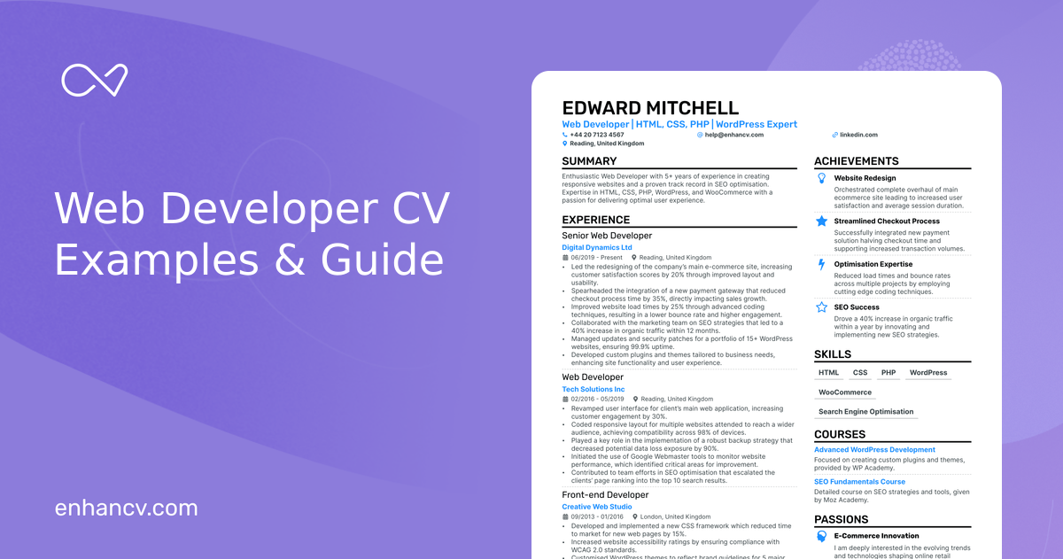 Web Developer CV Examples & Guide for 2025